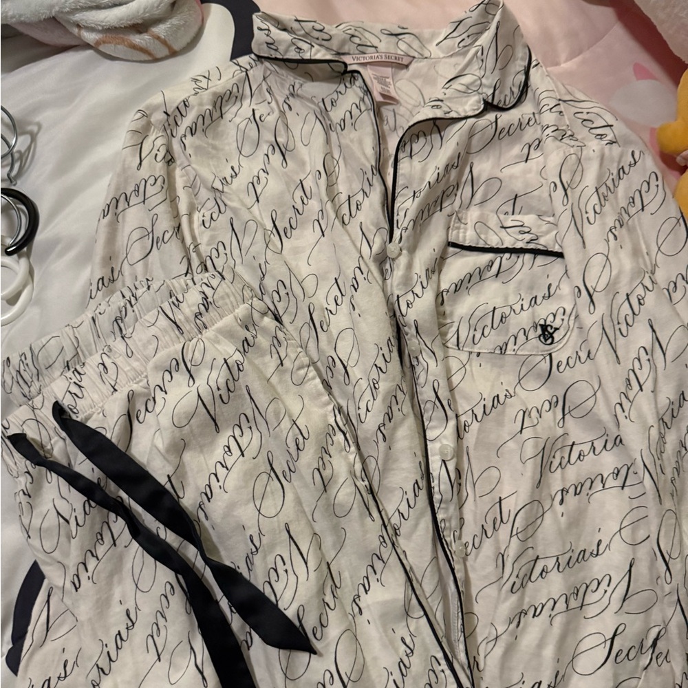 Victoria's Secret Cream and Black Script Pajama Set